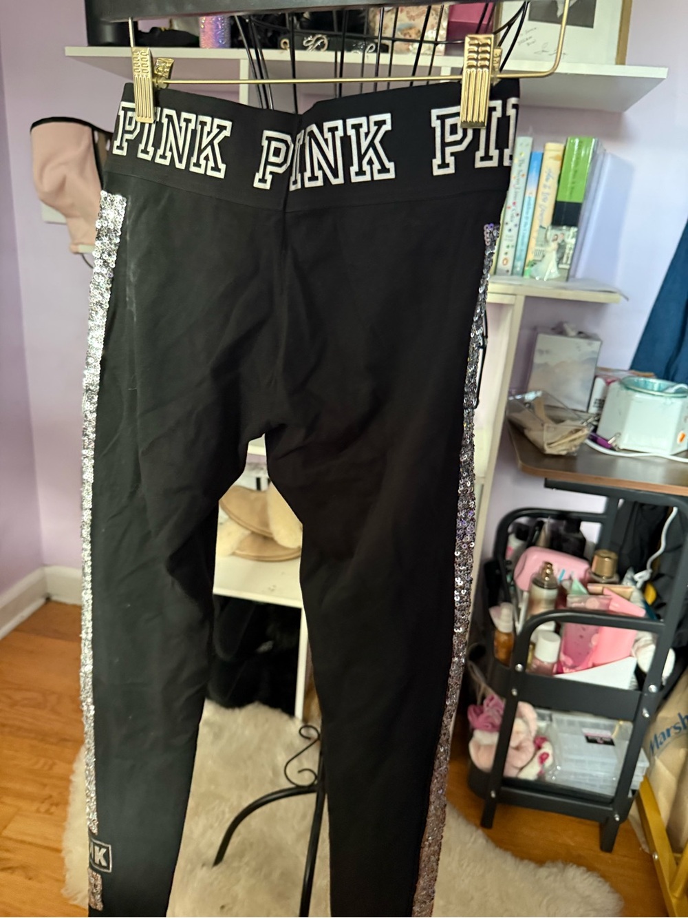 PINK Victoria's Secret Black Leggings with Silver Sequin Side Stripes - Picture 6 of 10